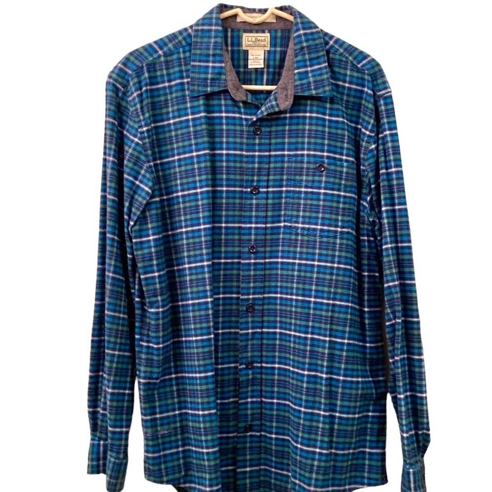 LL Bean Slightly Fitted Plaid Button Down Shirt Green Blue Black Plaid Mens SZ L